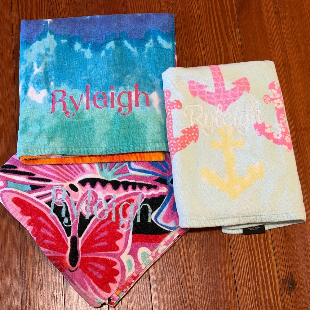 RYLEIGH embroidered personalized 3 beach towels summer anchors tie dye butterfly